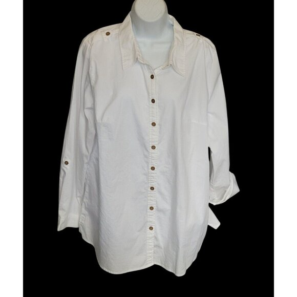 Denim & Co. Tops - DENIM & CO  Shirt Top Womens L White Long Roll Tab Button Front Collared Epaulet